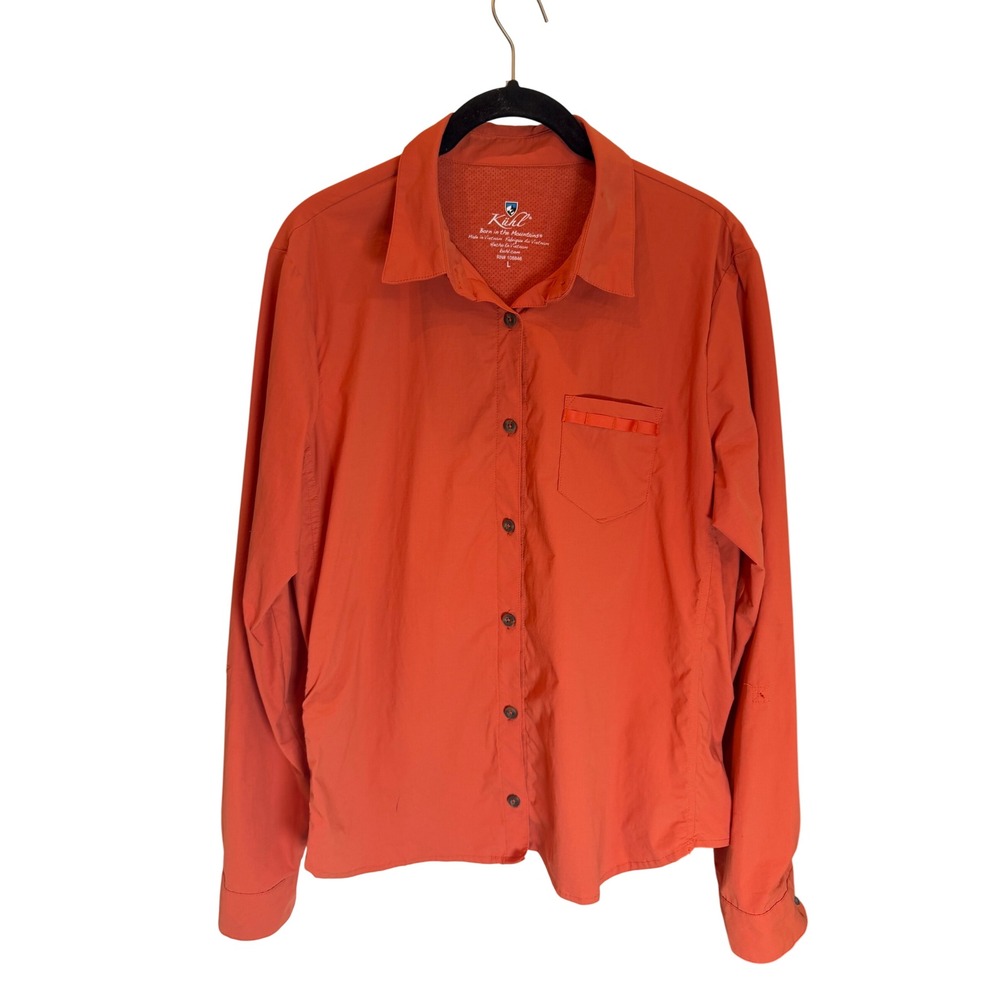 Kuhl Women Large Orange Long Sleeve Perfomance Hiking Shirt Button Up Vented